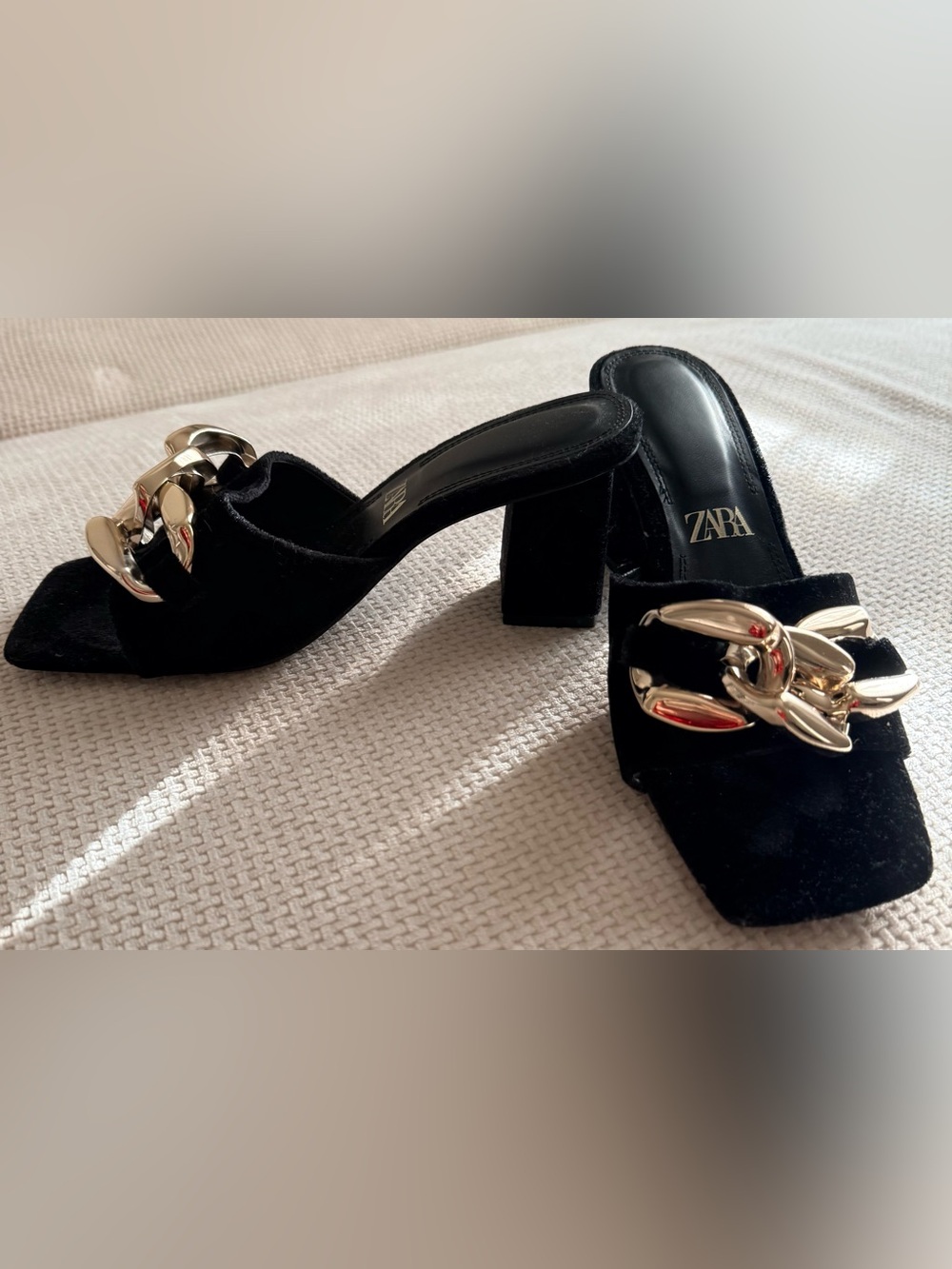 ZARA Black Velvet block heel with Chunky Gold Chain